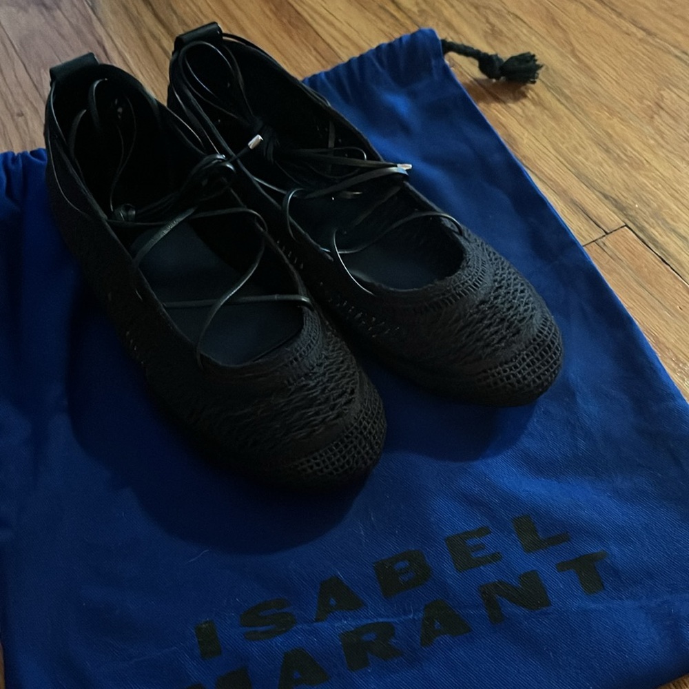Isabel Marant Black Crochet Lace-Up Ballet Flats - Picture 2 of 6